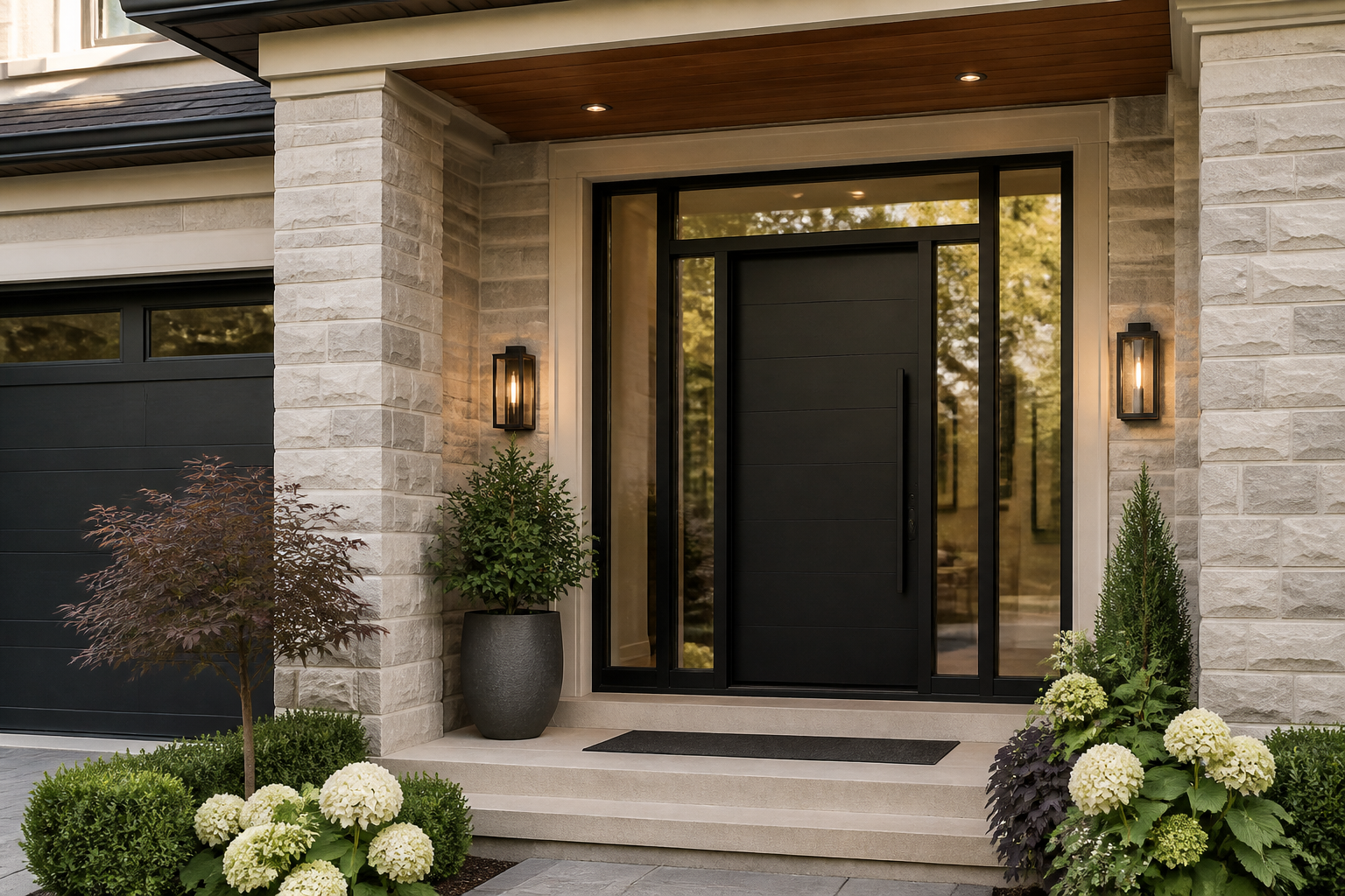 Premium black front entry door installed in a modern stone facade